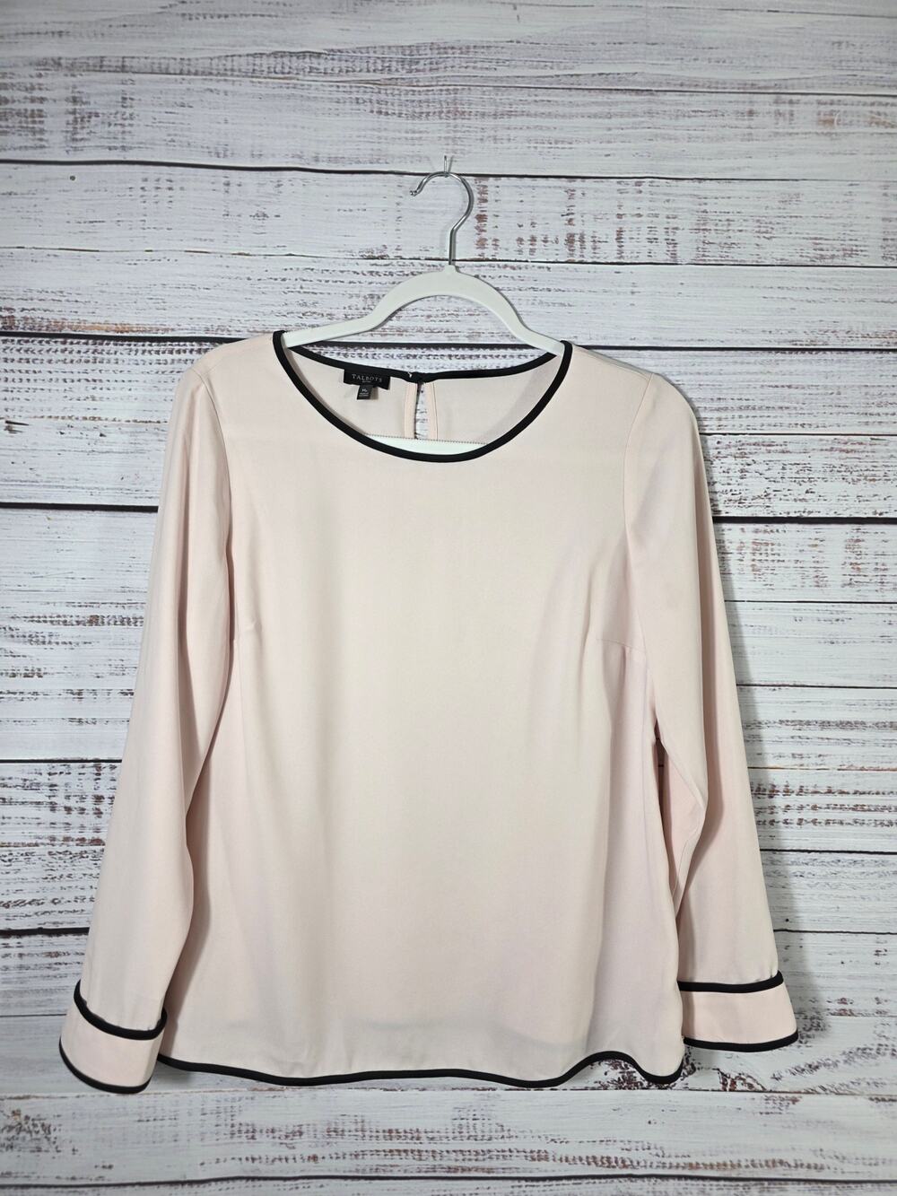 Talbots Womens Medium Petite Long Sleeve Solid Light Baby Pink Blouse w/blk Trim